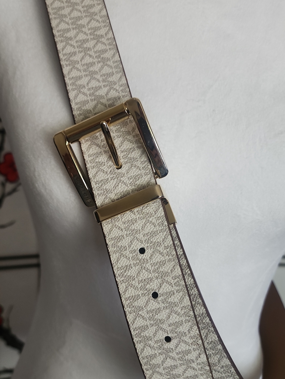 Michael Kors Beige Signature Monogram Belt with Gold Buckle